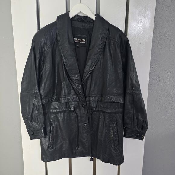 Wilson Leather Jacket Women M Black Button Drawstring Tie Shawl Biker‎ 90s City - Picture 1 of 10